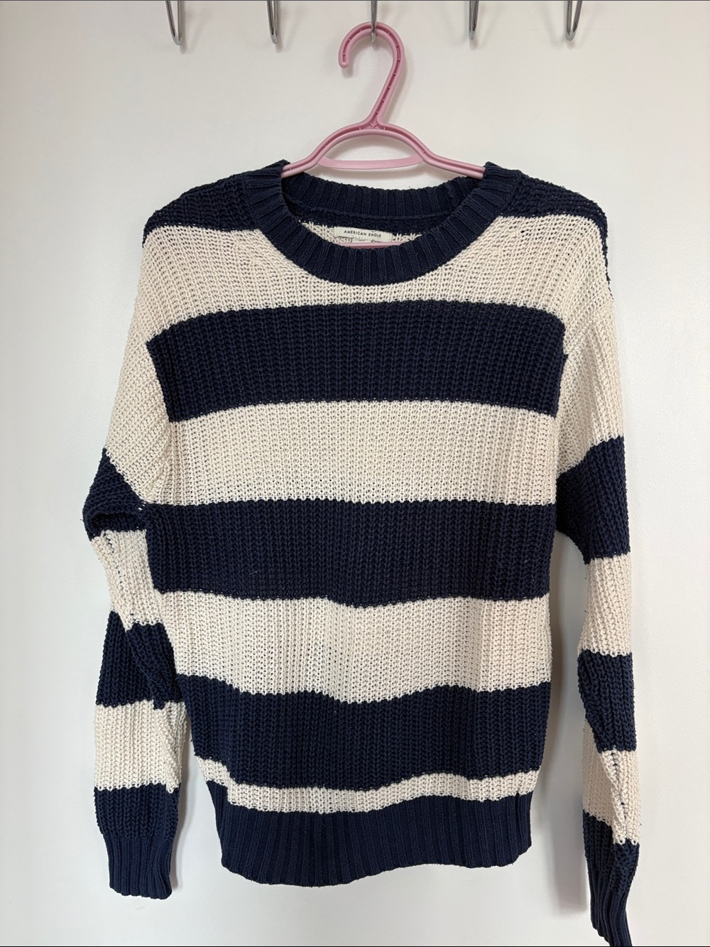 American Eagle Outfitters Navy and Cream Striped Knit Sweater